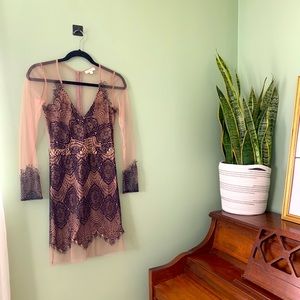 LUXXELL Black lace with nude mesh dress